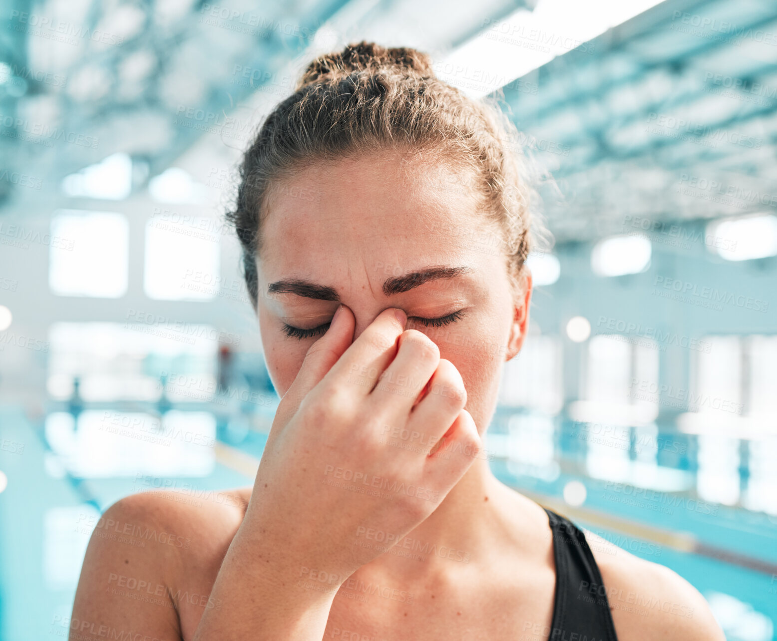 Buy stock photo Stress, headache or face of woman swimmer in fitness, exercise or workout with anxiety or fatigue. Tired, hand or sick athlete with migraine, sports injury or head pain frustrated by training problem