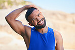 Happy man, portrait and stretching neck in fitness on beach for workout, exercise or outdoor training in sports. Muscular, athlete or sporty male person smile in body warm up on ocean coast in nature