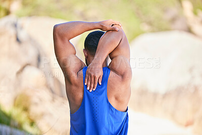 Buy stock photo Man, fitness and back in stretching on beach for workout, exercise or outdoor training in sports. Rear view of muscular, athlete or sporty male person in body warm up on the ocean coast in nature