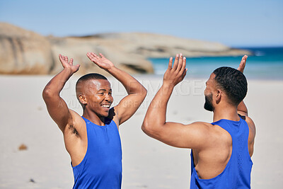Buy stock photo Happy man, friends and high five in fitness on beach for workout success, training or outdoor exercise. Excited male person smile in happiness, teamwork or sports motivation together on ocean coast