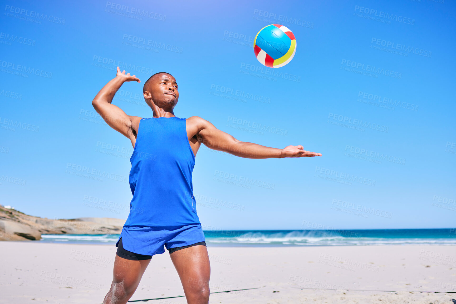 Buy stock photo Beach volleyball, sports and black man serve ball, play competition and athlete training in outdoor challenge. Blue sky, freedom and African player workout, exercise and start game, match or practice