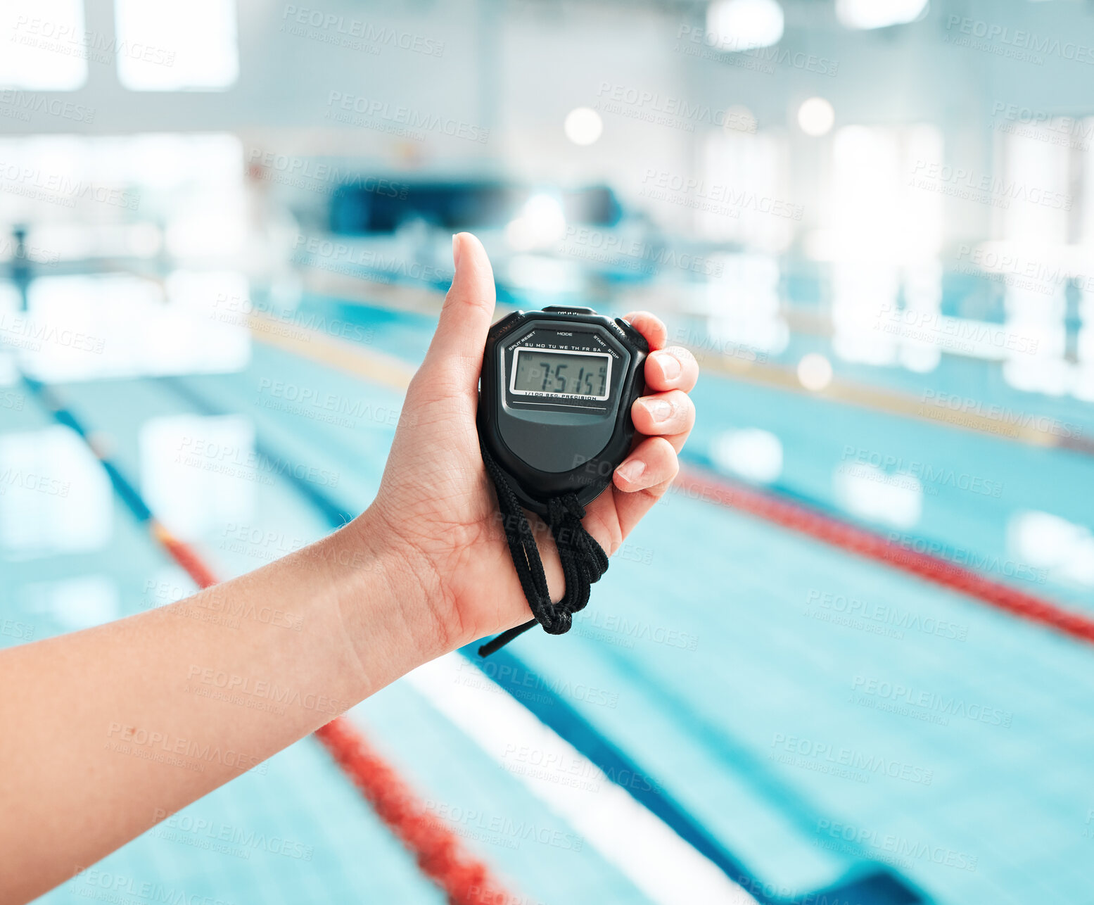 Buy stock photo Person, hand and stopwatch by pool in swimming, race or sports training in fitness, exercise or workout. Closeup of swim coach holding timer for monitoring performance, speed or setting challenge