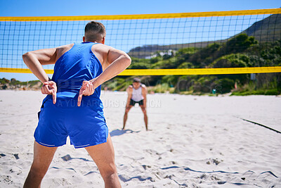 Buy stock photo Volleyball, exercise and man at beach with hand sign to  block angle of attack. Sports, back and gesture of athlete outdoor in workout, training or competition for healthy body, wellness and summer