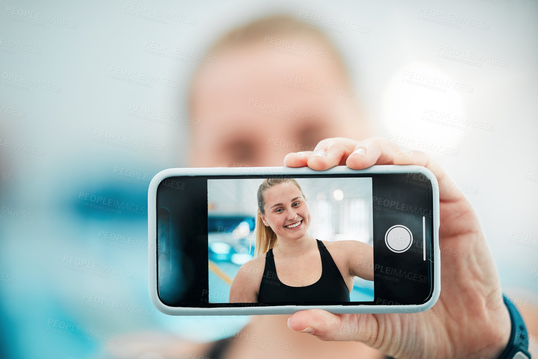 Buy stock photo Phone, selfie or happy woman after a swimming exercise, training or workout with photograph. Relax, screen or hand of excited female swimmer taking a picture to post on mobile app on fitness break