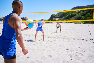 Buy stock photo Beach, volleyball or sports team serve ball, playing competition and exercise for group tournament, fitness or game. Nature, sand or back of player workout, training and practice for athlete teamwork