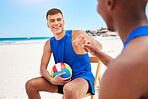Happy man, volleyball and fist bump on beach in teamwork, winning or outdoor fitness success together. Male person touching hands in team sports, victory or match point and game on the ocean coast