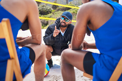 Buy stock photo Beach, volleyball and coach with people for strategy, game plan and prepare for competition. Sports, fitness and man with athletes for training, exercise and workout for match, challenge and practice
