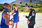 Beach, volleyball and coach talking to people for strategy, game and prepare for competition. Sports, fitness and man with athletes for training, exercise and workout for match, challenge or practice