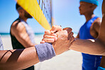 Volleyball, team and shaking hands at beach in competition, game and greeting for match. Handshake, sports group and people at ocean in agreement, introduction and exercise for fitness in summer.