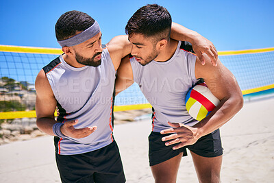 Buy stock photo Beach, volleyball team and men for strategy, game plan and prepare for competition. Sports, fitness and athletes talking in huddle for training, exercise and workout for match, challenge and practice