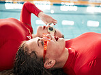 Women, sunglasses and fashion at a pool with gen z, hipster and style of girl friends with streetwear. Red clothing, cool and trendy glasses with young people together on a floor with student model