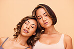 Beauty, diversity and skincare with women in studio for health, glow and cosmetics. Spa, self love and friends with people on beige background for support, pride and solidarity on mockup space