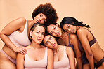 Beauty, diversity and portrait of women group with makeup for cosmetic skincare isolated in studio brown background. Skin, body and young friends together for self care, dermatology and support