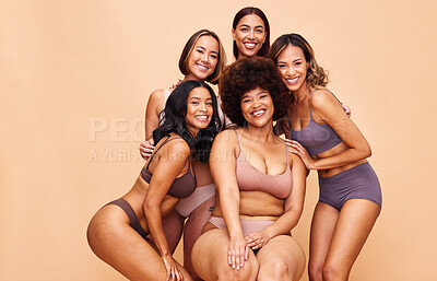 Buy stock photo Portrait, diversity and women with beauty, cosmetics and body positivity on a beige studio background. Models, smile or group with self love, inclusion and wellness with health, aesthetic and friends
