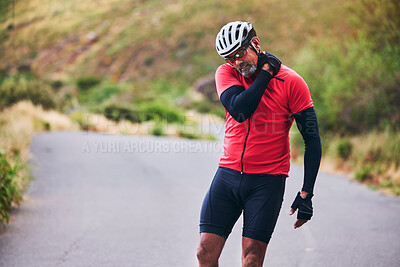 Buy stock photo Man, cyclist and neck injury in nature accident, emergency or broken bone on mountain road. Male person or athlete with fitness pain, ache or inflammation on joint in sports fall or outdoor cycling