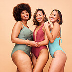 Portrait, bikini and happy group of women in studio isolated on a brown background. Smile, swimwear and friends with body positivity of models at beach for summer fashion, wellness and diversity.