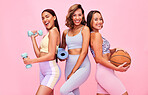 Fitness fashion, girl friends and happy portrait with fitness, workout and sport training gear in studio. Women, diversity and group with pink background and smile with exercise and body confidence