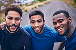 Fitness, selfie and men friends in a road happy for training, exercise and bond in nature. Sports, portrait and group of athlete people smile for social media, blog or health podcast profile picture