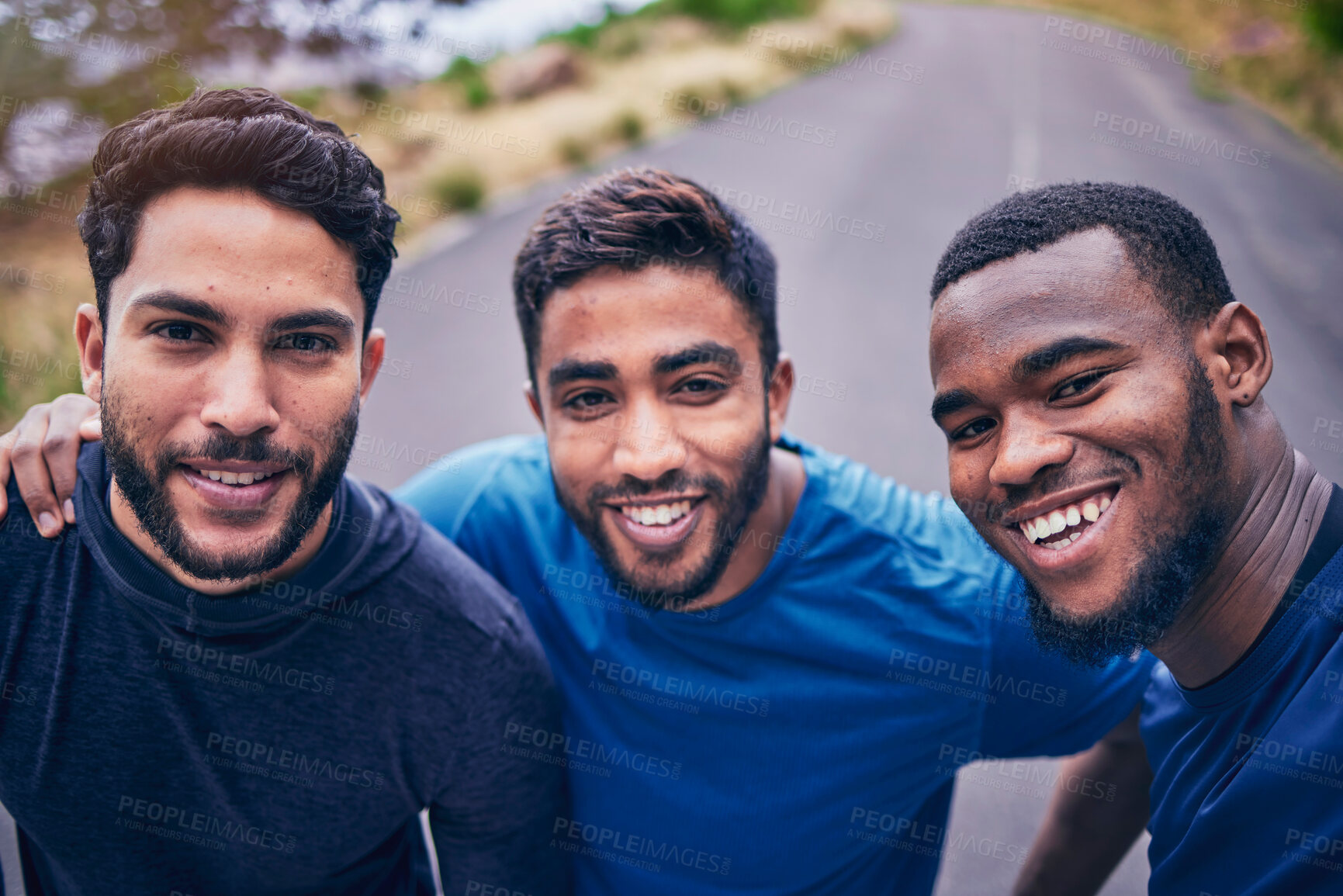 Buy stock photo Fitness, selfie and men friends in a road happy for training, exercise and bond in nature. Sports, portrait and group of athlete people smile for social media, blog or health podcast profile picture