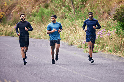 Buy stock photo Fitness, men and running friends in a road for training, speed and energy, health and cardio routine in nature. Sports, diversity and man group on practice run for competition, workout or race goal