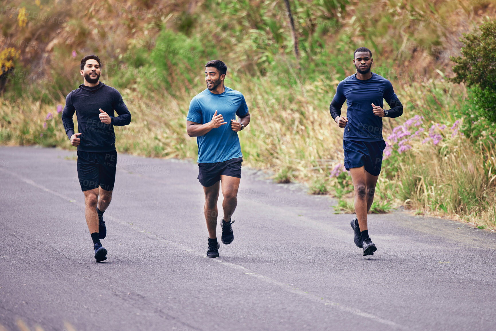 Buy stock photo Fitness, men and running friends in a road for training, speed and energy, health and cardio routine in nature. Sports, diversity and man group on practice run for competition, workout or race goal