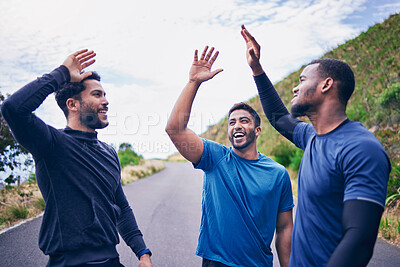 Buy stock photo Happy, men and friends high five for fitness, workout and running outdoor with a smile. Exercise, training and sports with motivation and success together on a road with wellness and excited support