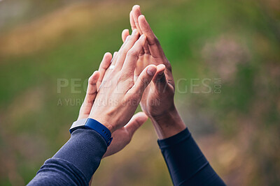 Buy stock photo People, hands and high five for fitness, workout or exercise success, support or goals with teamwork in nature. Athlete, runner or sports group together for motivation, training target and hiking