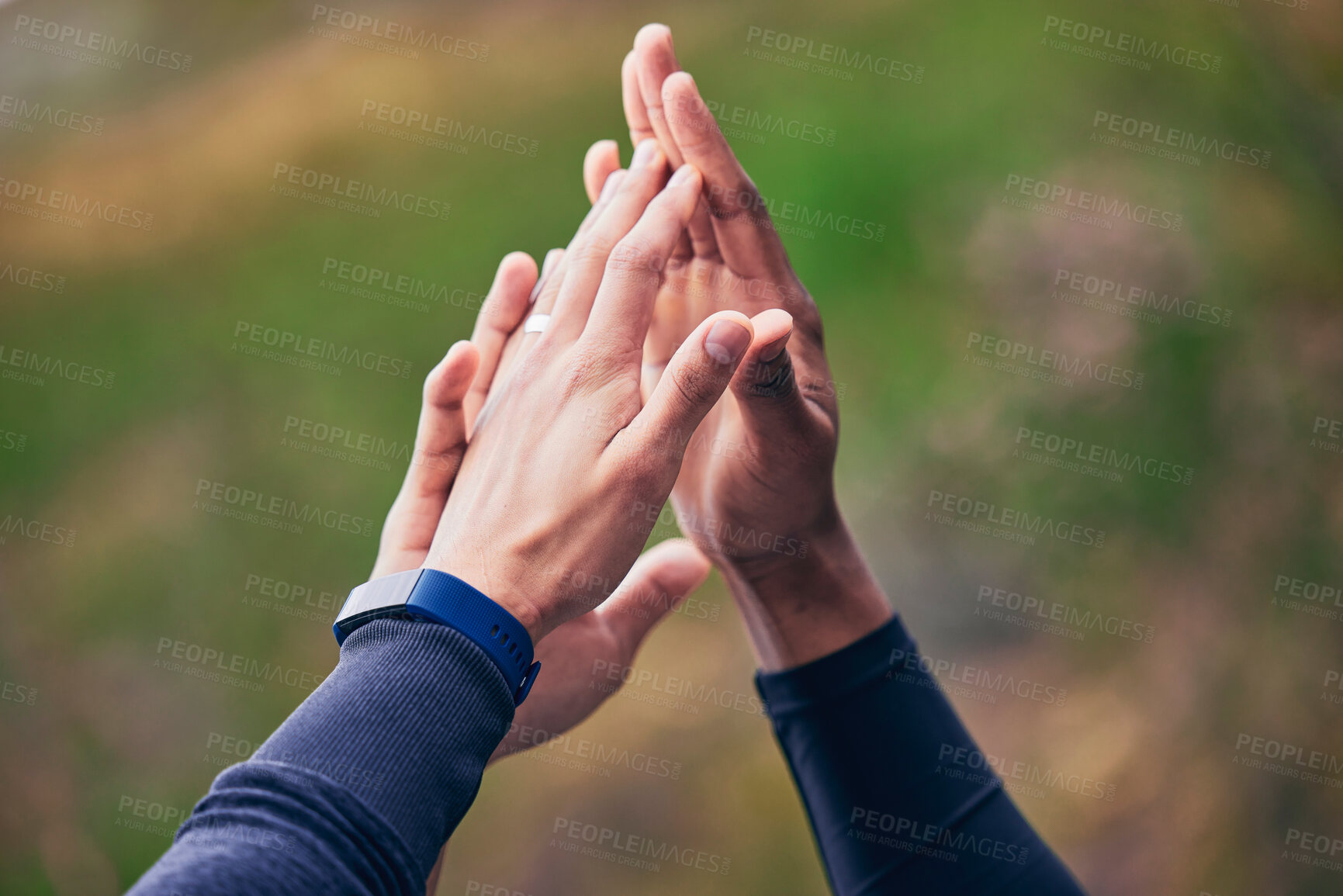 Buy stock photo People, hands and high five for fitness, workout or exercise success, support or goals with teamwork in nature. Athlete, runner or sports group together for motivation, training target and hiking