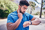 Pulse check, man and fitness target with training results, watch and time monitoring of run outdoor. Runner, workout app, heart rate and athlete progress for sport and exercise on a road for health