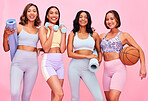 Fitness, girl friends and happy portrait with fitness, workout and sport training gear in studio. Women, diversity and group with pink background and smile with exercise and healthy body wellness