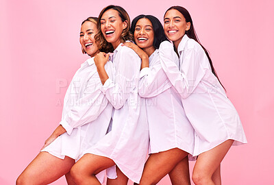 Buy stock photo Women, friends and portrait in studio with natural beauty, diversity and white shirt with laugh. Pink background, bonding and young female group together with inclusion, happy smile and wellness