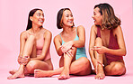 Diversity, swimwear and portrait of friends in studio, women together with smile and fun body positivity. Beauty, summer fashion and happy bikini models with self love, equality and pink background.