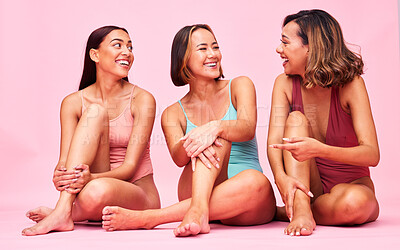 Buy stock photo Diversity, swimwear and portrait of friends in studio, women together with smile and fun body positivity. Beauty, summer fashion and happy bikini models with self love, equality and pink background.