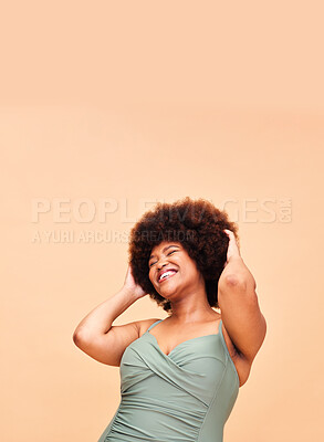 Buy stock photo Black woman, swimwear and self love, smile and confident with body positivity in studio on peach background mockup space. Happy, person and girl in natural beauty and face for freedom in swimsuit