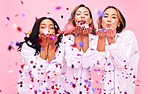 Blowing confetti, friends and women in studio for party celebration, underwear sale and discount. Beauty, diversity and people on pink background for cosmetics, natural skincare and body positivity
