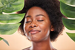 Happy woman, face and monstera for beauty, natural cosmetics or eco friendly wellness on studio background. African model, green plant leaves and sustainability of vegan dermatology, skincare or glow