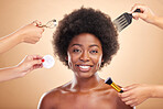 Beauty, tools and portrait of black woman in studio for skincare, haircare and cosmetics. Smile, afro care and happy African model with skin glow, comb and makeup brush on beige background with hands