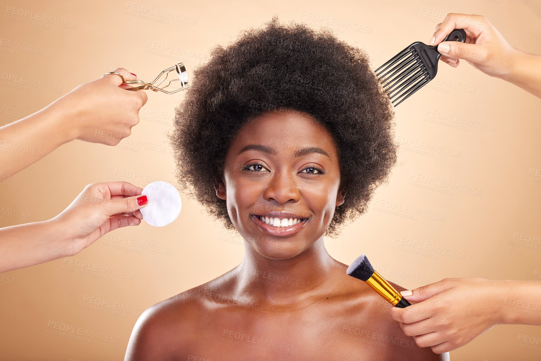 Buy stock photo Beauty, tools and portrait of black woman in studio for skincare, haircare and cosmetics. Smile, afro care and happy African model with skin glow, comb and makeup brush on beige background with hands