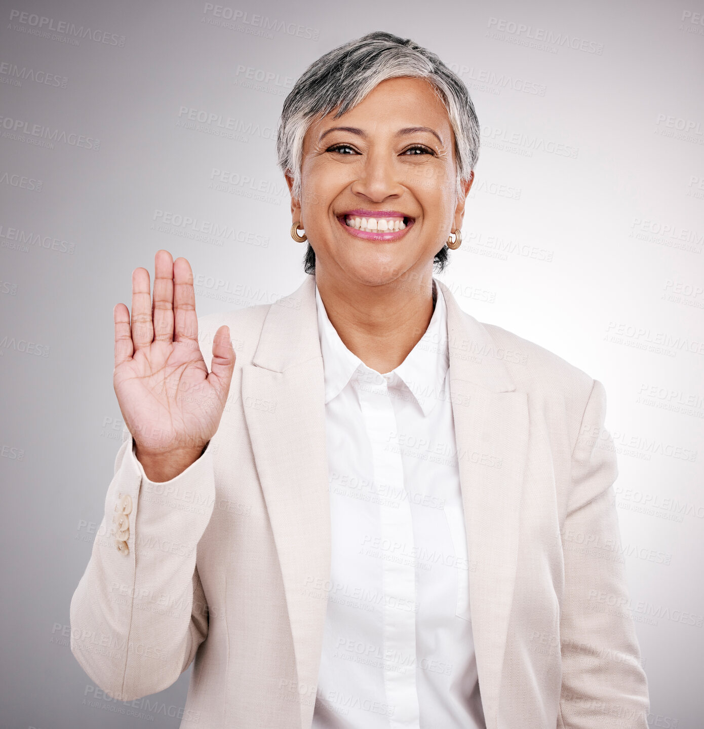 Buy stock photo Portrait, business and a studio wave from a woman for hello, welcome or a professional pledge. Happy, mature and a corporate manager or person with a hand for greeting or thank you on a backdrop