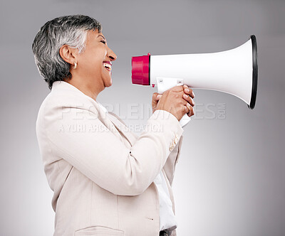 Buy stock photo Business woman, megaphone and voice of news, broadcast or sale and announcement on a white background. Mature person, leader or happy speaker in noise, call to action and attention or deal in studio