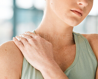 Buy stock photo Fitness, shoulder pain or girl gymnast with injury after exercise, training or workout accident emergency. Hand closeup, sports athlete or injured woman with broken bone inflammation in gymnastics