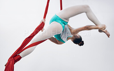 Buy stock photo Gymnastics, woman acrobat with performance and muscle, sports and art with athlete on white background. Gymnast, sports and exercise with creativity, talent with fabric and competition in studio