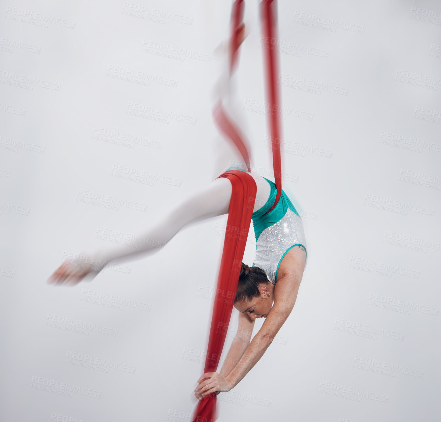 Buy stock photo Gymnastics, performance and woman in sports competition for professional fitness challenge or dancing. Professional, healthy and athlete with balance on silk isolated in a studio white background