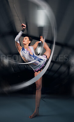 Buy stock photo Woman, dancer and motion for ribbon gymnastics in competition, sports performance or concert in dark arena. Flexible athlete, balance and stretching for creative training, talent or rhythm in contest