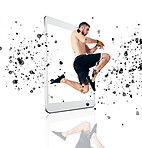 Tablet, fitness app and man fighter on screen in studio isolated on a white background for virtual training. Sports, exercise and workout in martial arts or self defense of male athlete on display