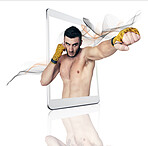 Tablet, fitness app and a fighter man on display in studio isolated on a white background for virtual training. Sports, exercise and workout for self defense with a male athlete on a digital screen