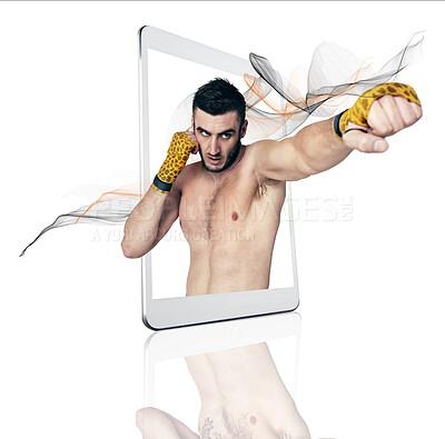 Buy stock photo Tablet, fitness app and a fighter man on display in studio isolated on a white background for virtual training. Sports, exercise and workout for self defense with a male athlete on a digital screen