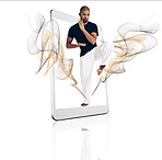 Tablet, karate and fitness app with a sports man on a screen in studio isolated on a white background. Technology, training for self defense and vaporwave with a male athlete in a digital display