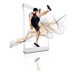 Karate, tablet and man in kick boxing exercise on app or screen isolated against a white studio background. Male person, athlete or guy in cardio fitness, training or motivation on technology display