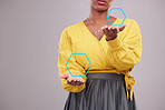 Shape graphic, technology and hands on a studio background for digital connection. Pattern, closeup and a person with a hexagon in palm for networking, business or a map isolated on a backdrop